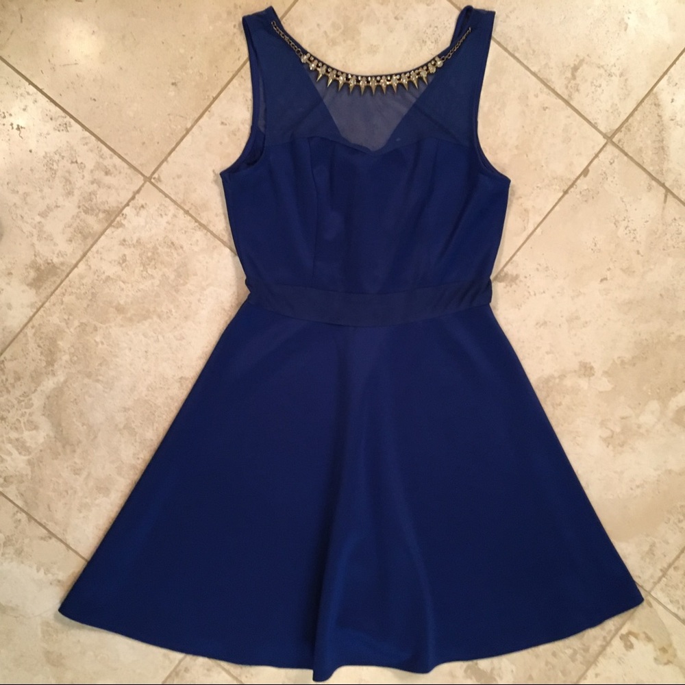 Royal blue dress with faux rhinestone necklace